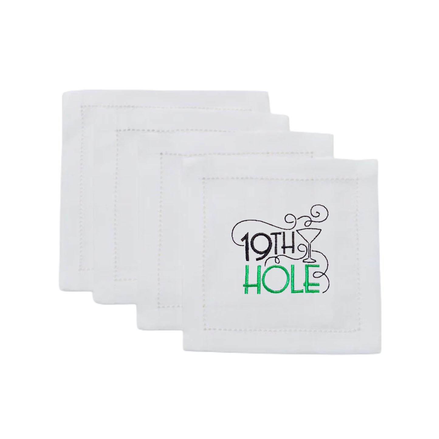 White Linen Embroidered 19th Hole Cocktail Napkins