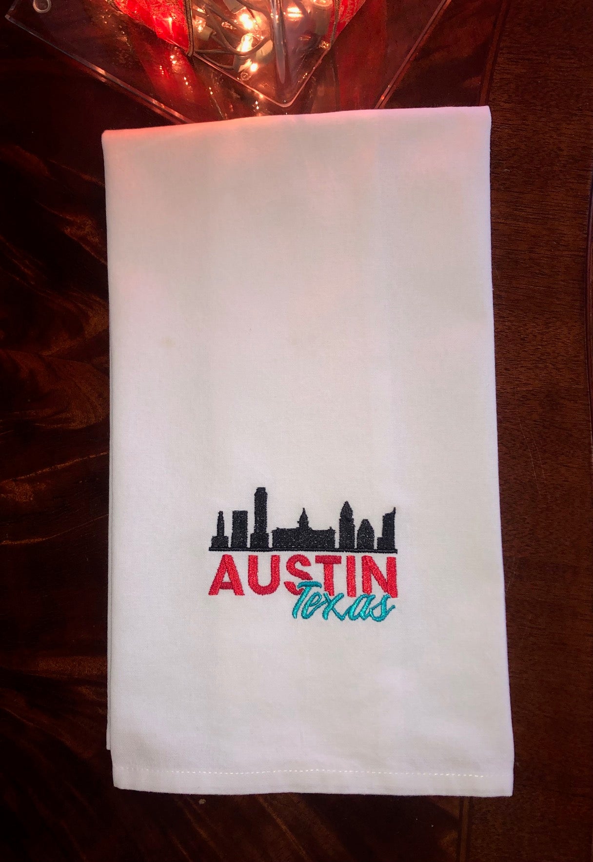 Embroidered Austin Texas White Hem Stitched Linen Tea Towel Hand Towel Gift Hostess Gift