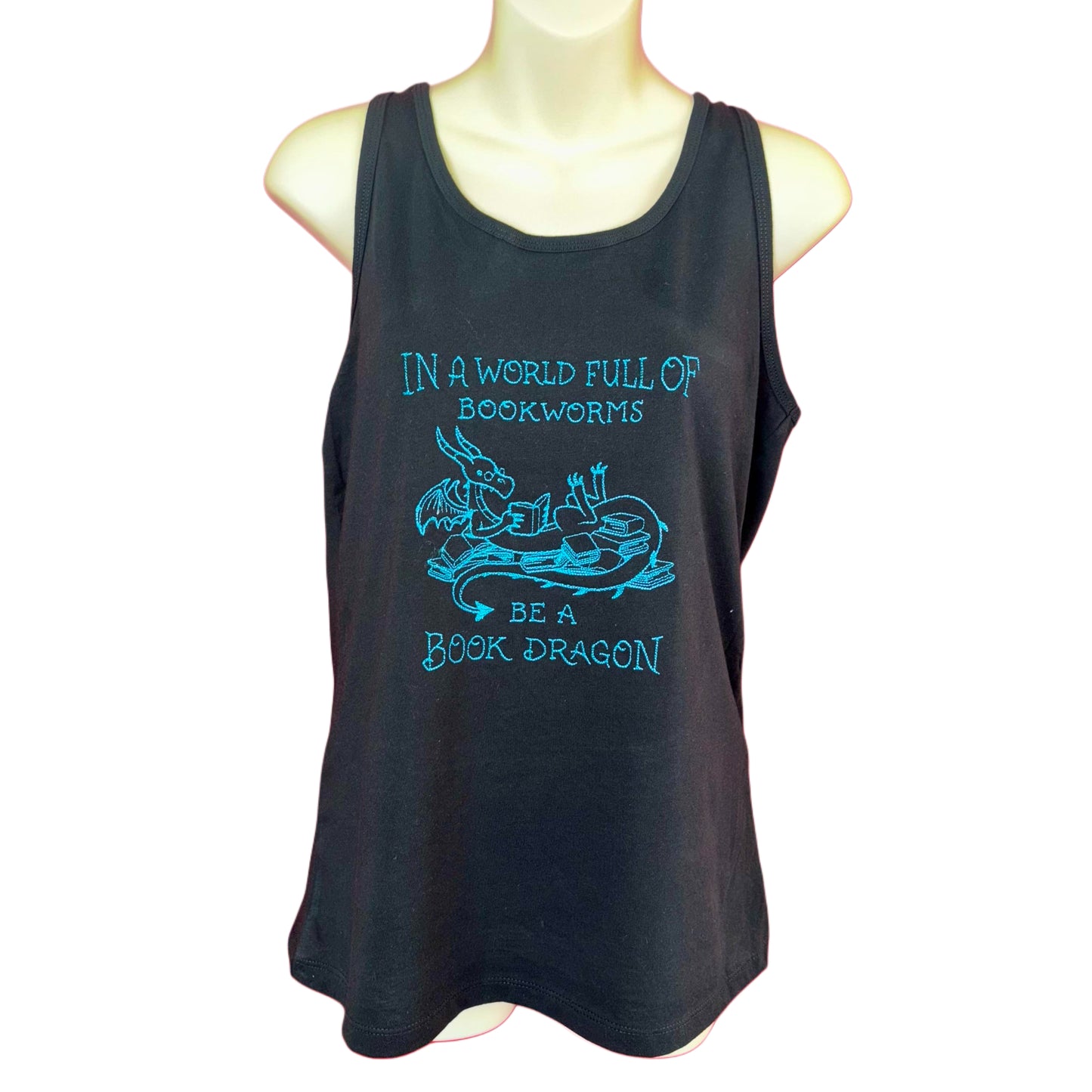 Women's Jersey Racerback Black & Teal Be a Book Dragon Tank