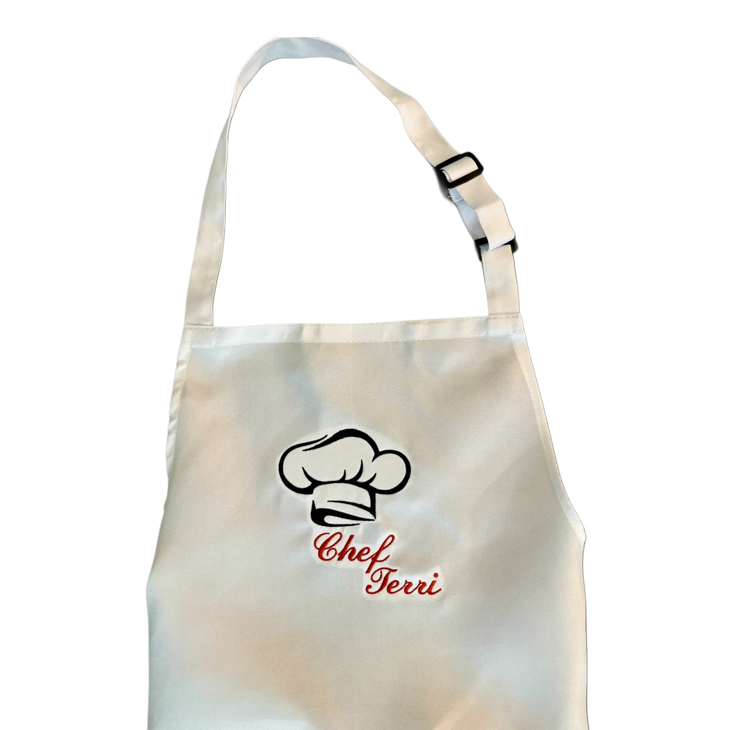 Customized Embroidered White Chef Hat Apron with Adjustable Neck Strap and Front Pockets