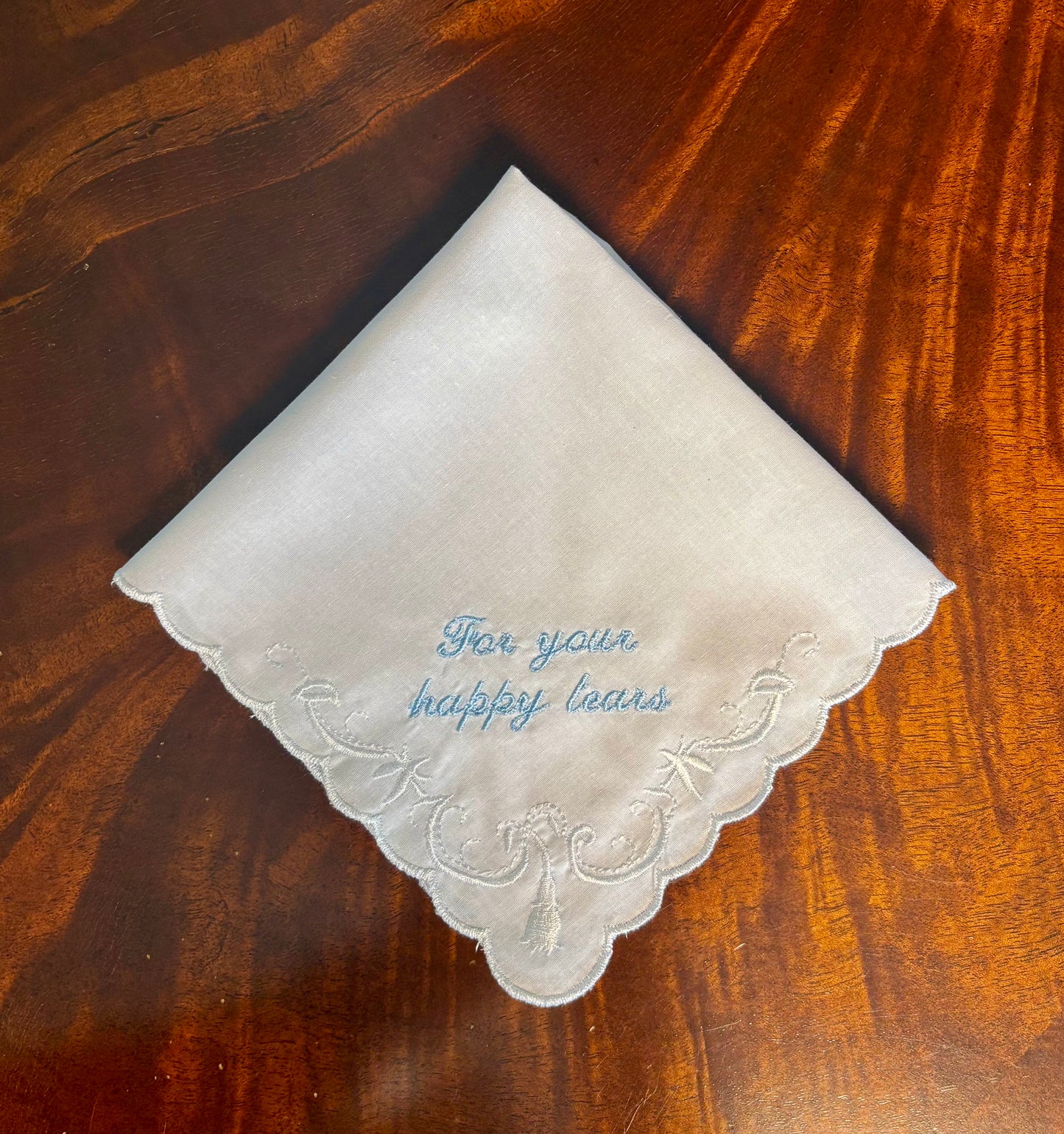 Blue Embroidered 'For Your Happy Tears' Bridal White Handkerchief