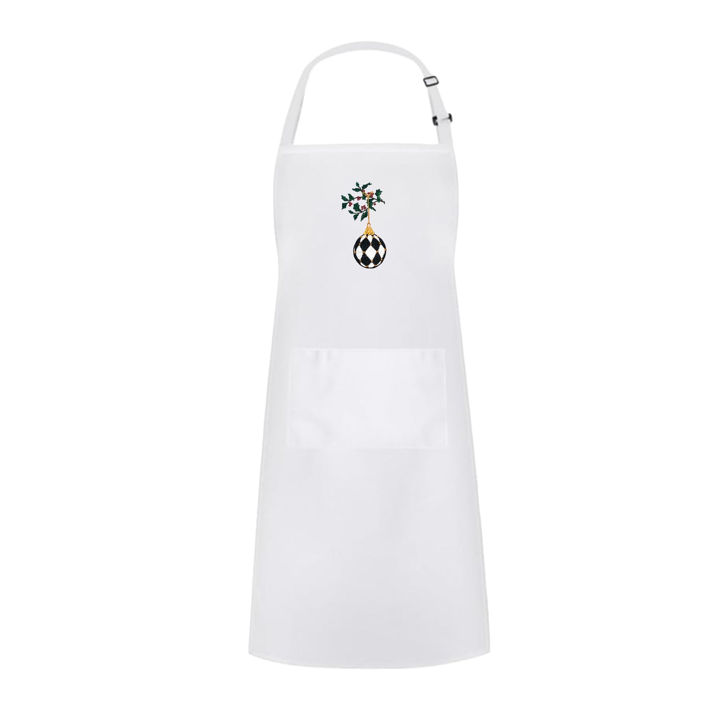 White Embroidered Harlequin Ornament Holiday Apron with Adjustable Neck Strap and Front Pockets