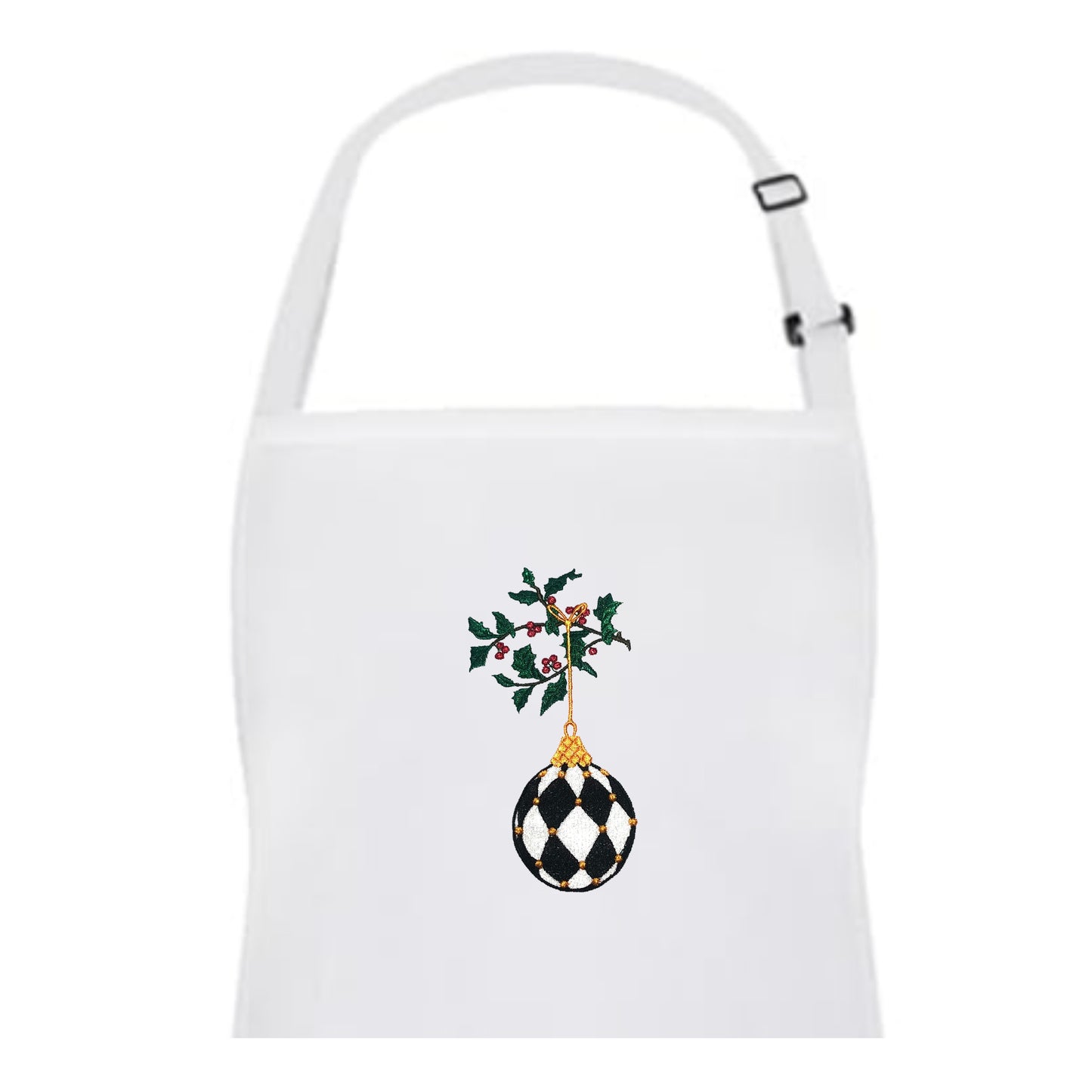 White Embroidered Harlequin Ornament Holiday Apron with Adjustable Neck Strap and Front Pockets