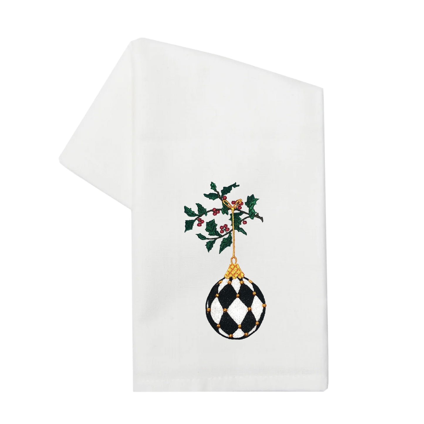 Embroidered Harlequin Ornament White Kitchen Holiday Tea Towel