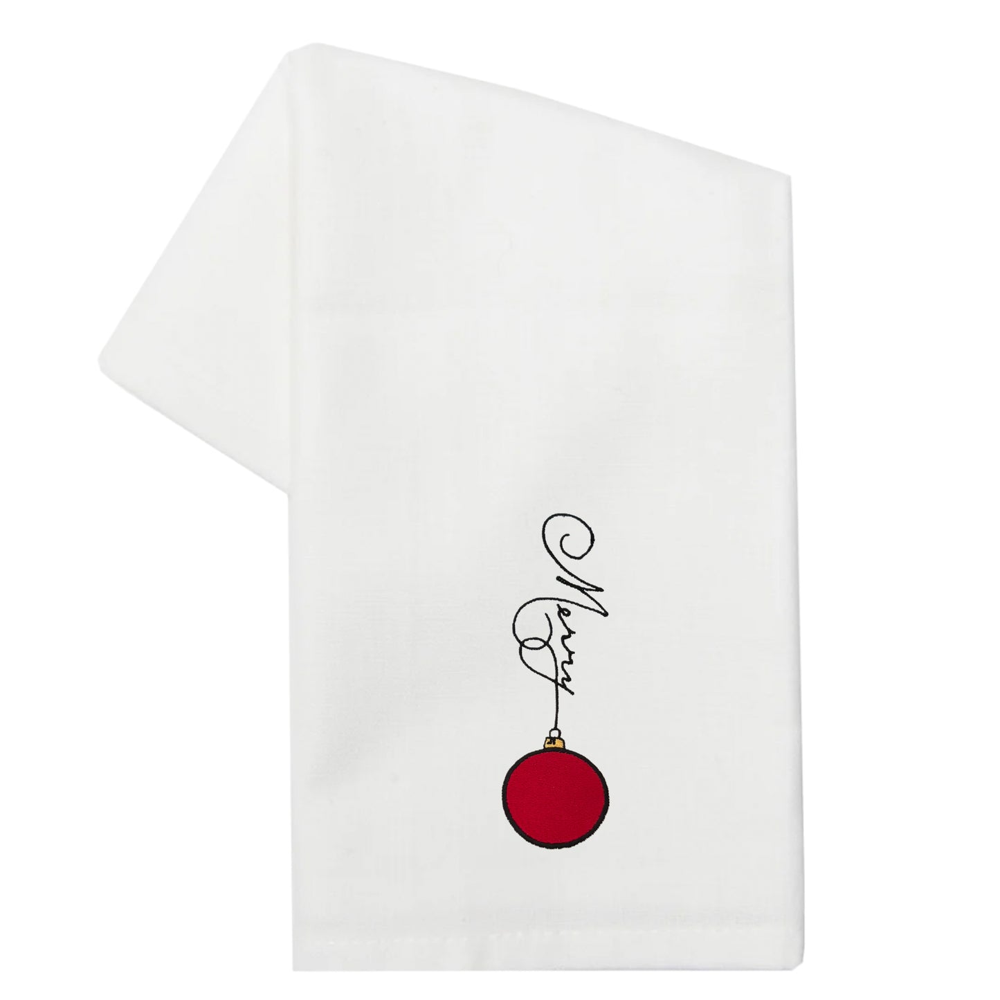 Embroidered Merry Red Ornament White Kitchen Holiday Tea Towel