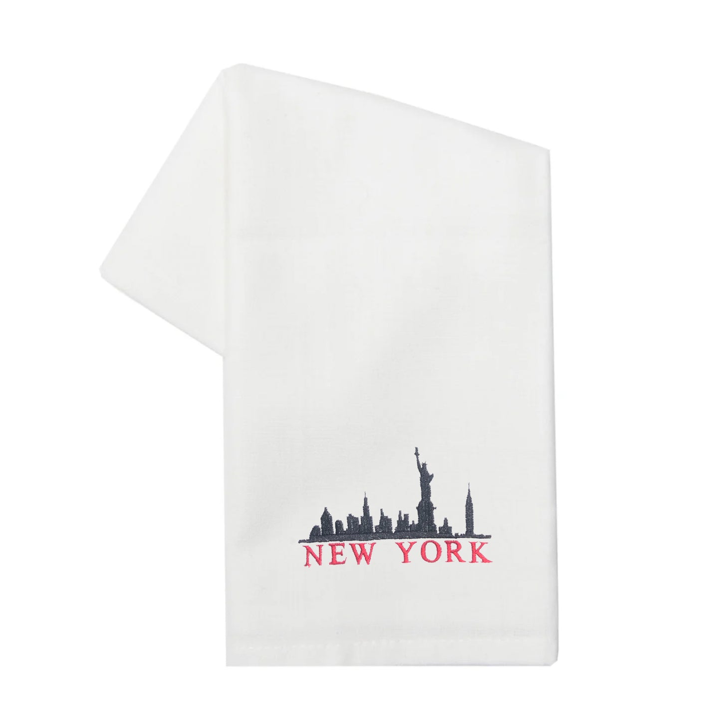 Embroidered New York City White Hem Stitched Linen Tea Towel Hand Towel Gift Hostess Gift