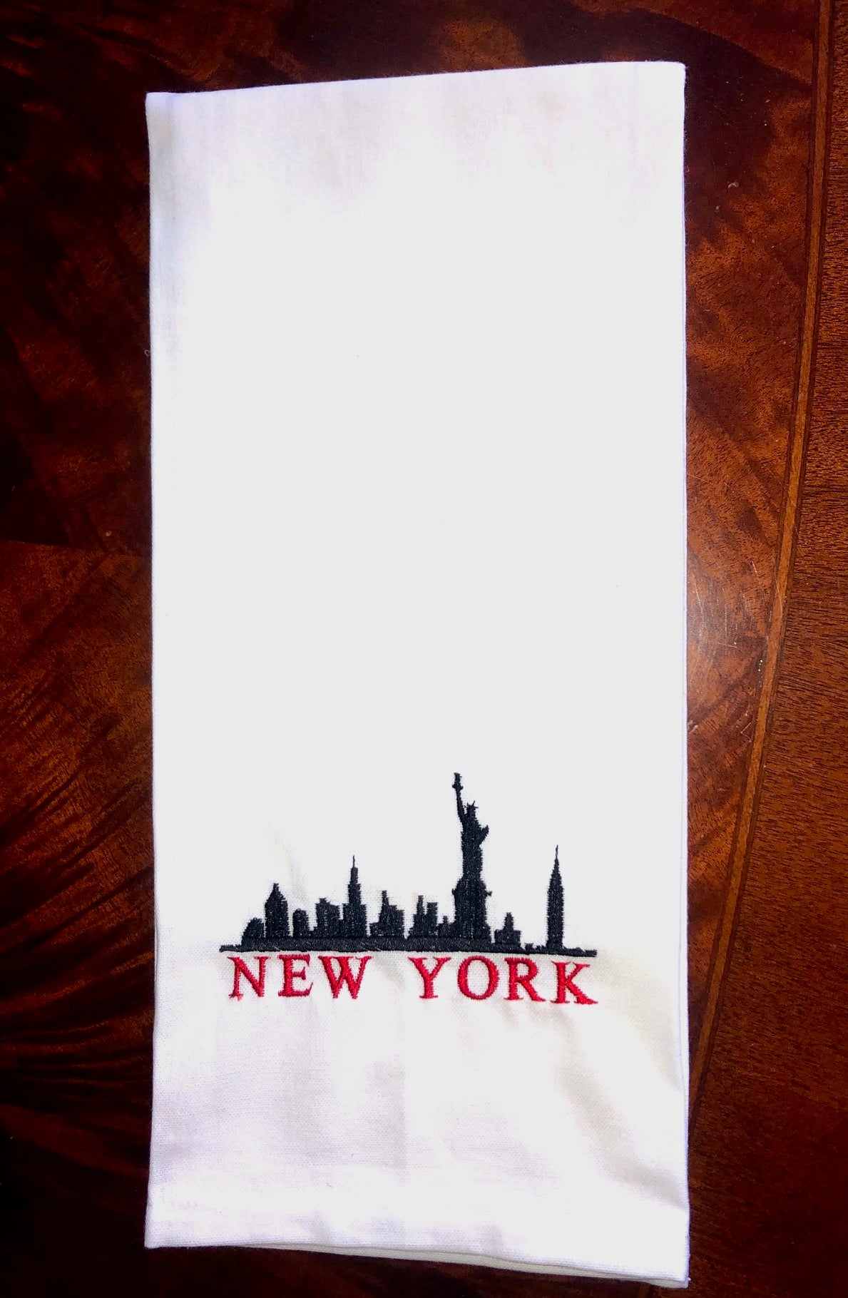 Embroidered New York City White Hem Stitched Linen Tea Towel Hand Towel Gift Hostess Gift