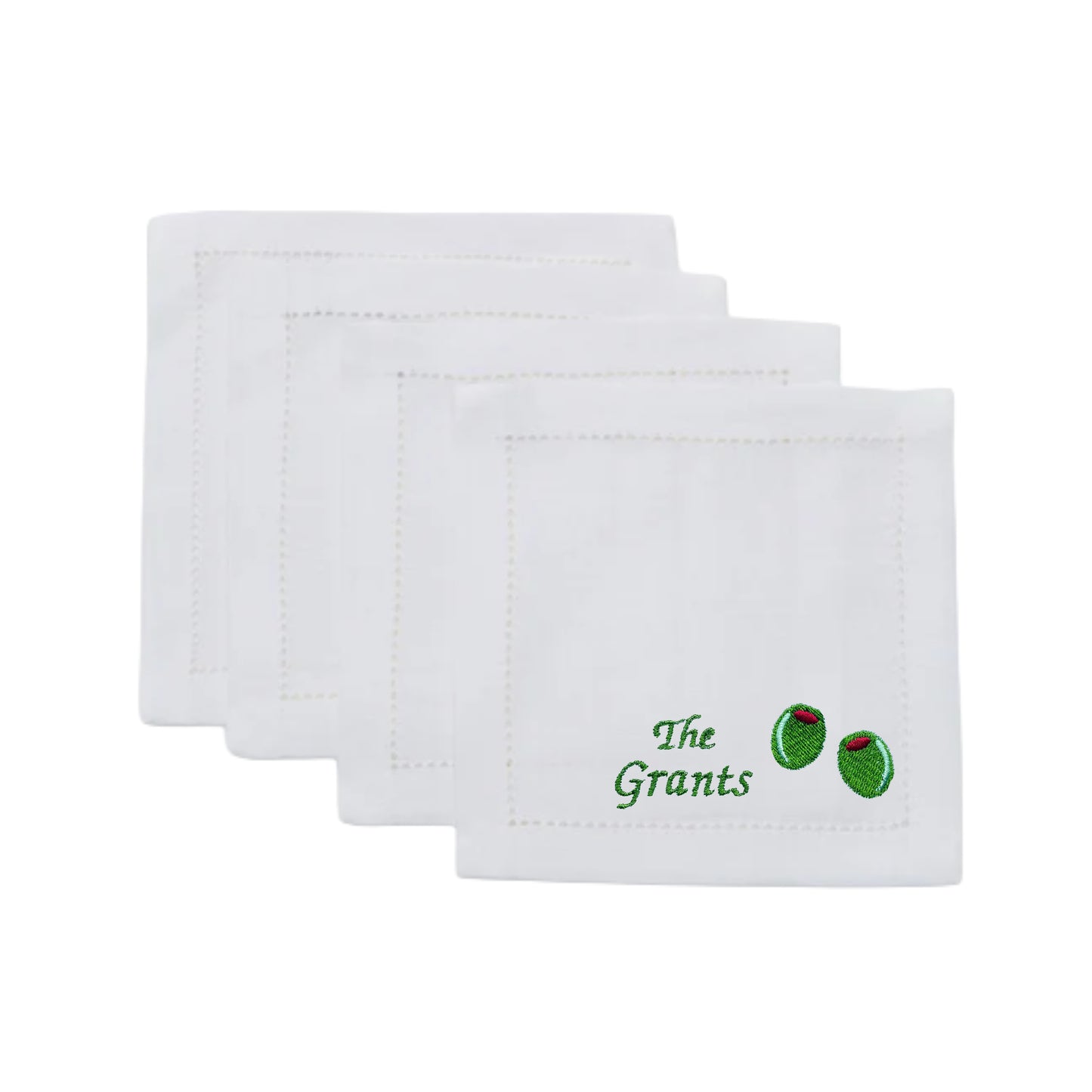 Customized White Linen Embroidered Olives Cocktail Napkins