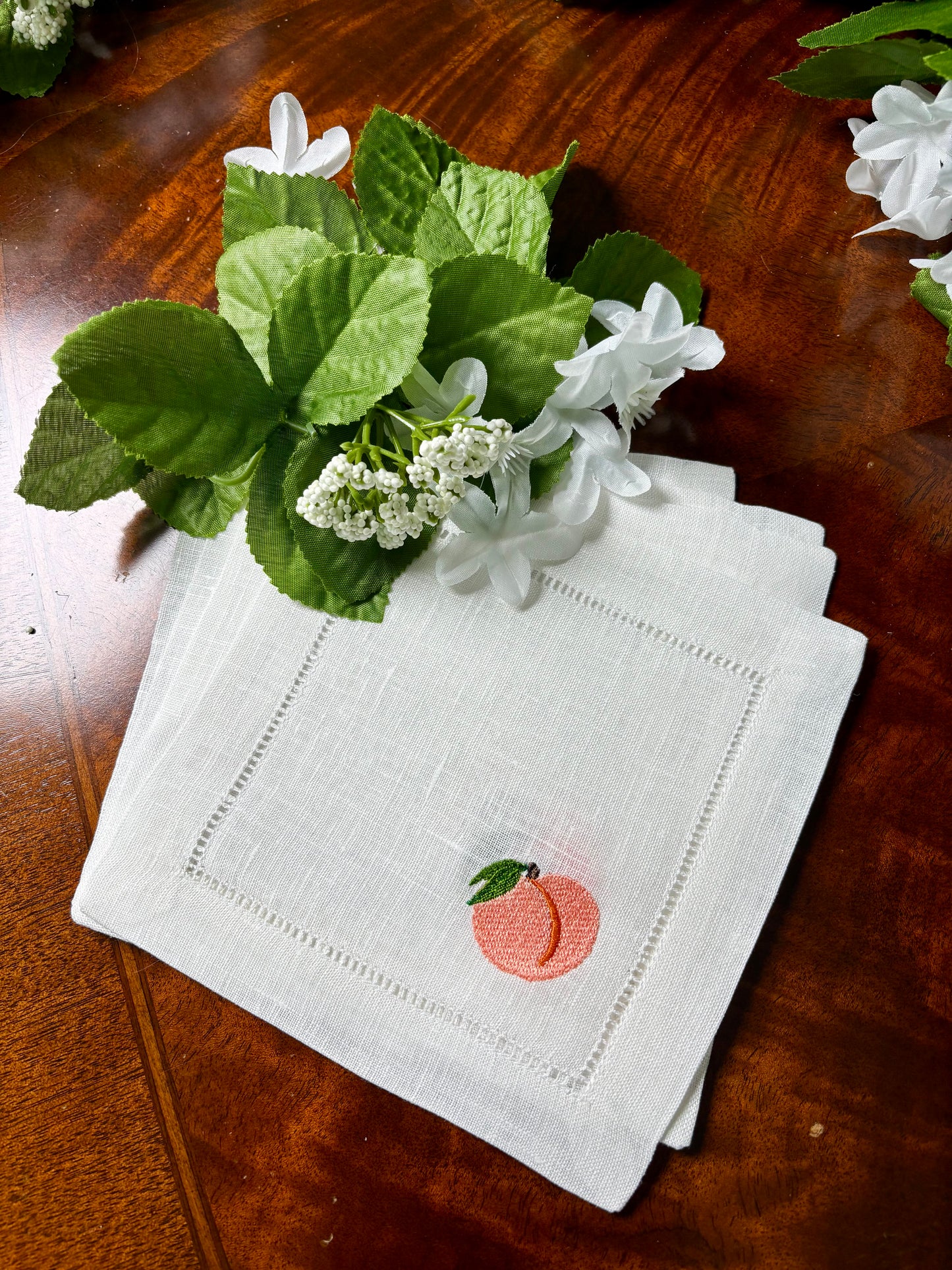 White Linen Embroidered Peach Napkins