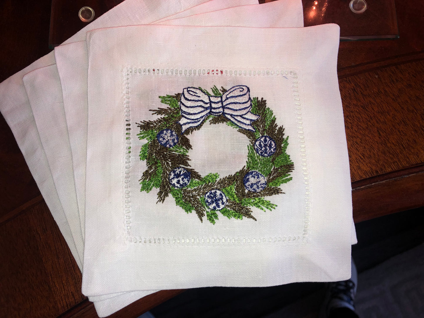 White Linen Embroidered Blue Wreath Napkins