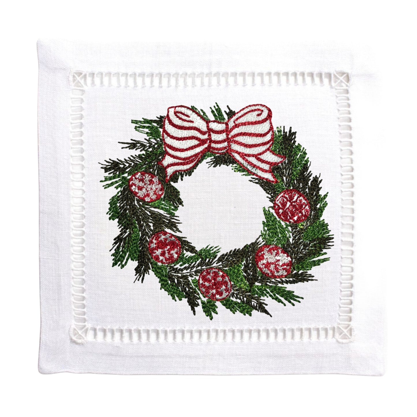 White Linen Embroidered Red Wreath Napkins