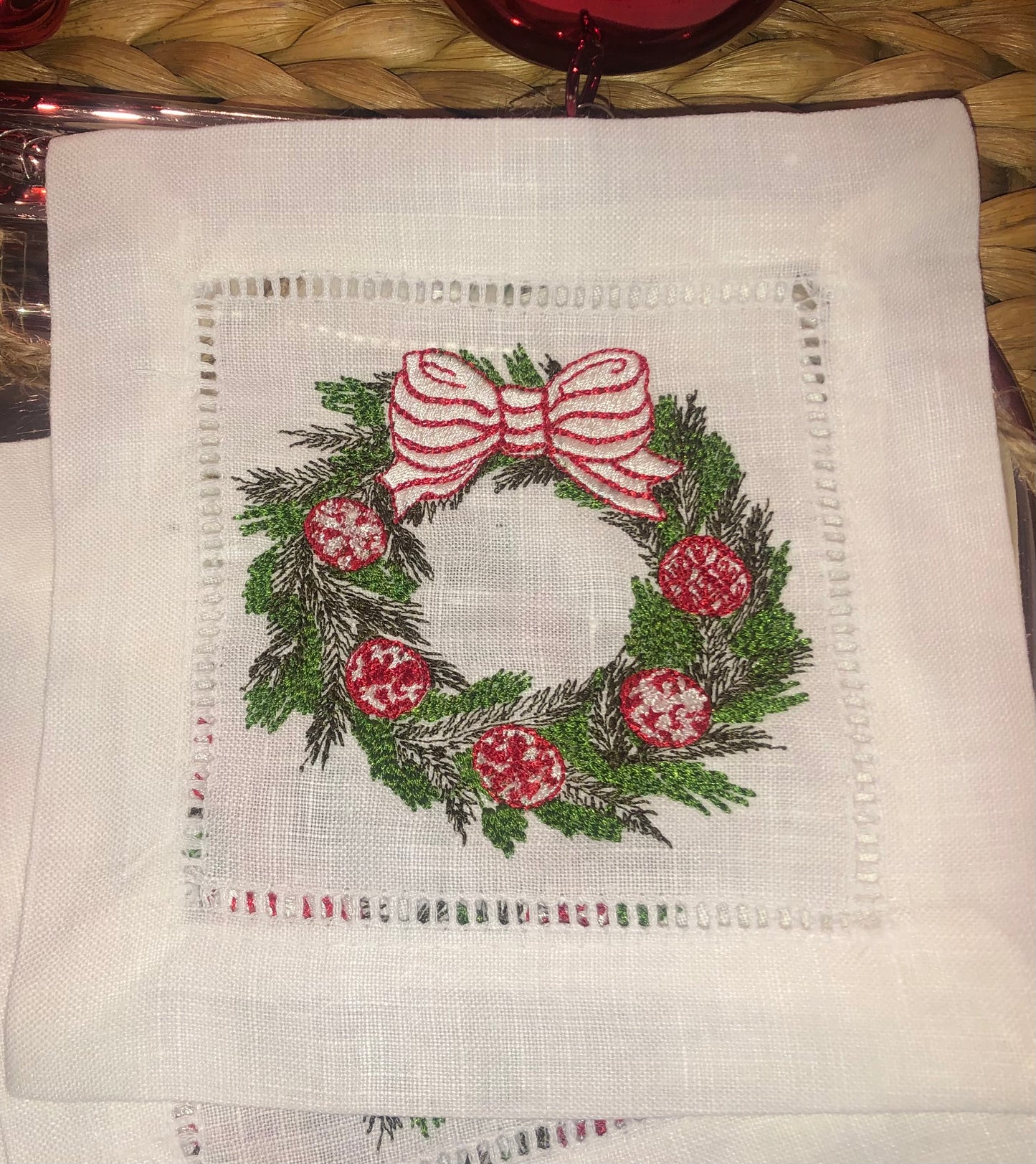 White Linen Embroidered Red Wreath Napkins