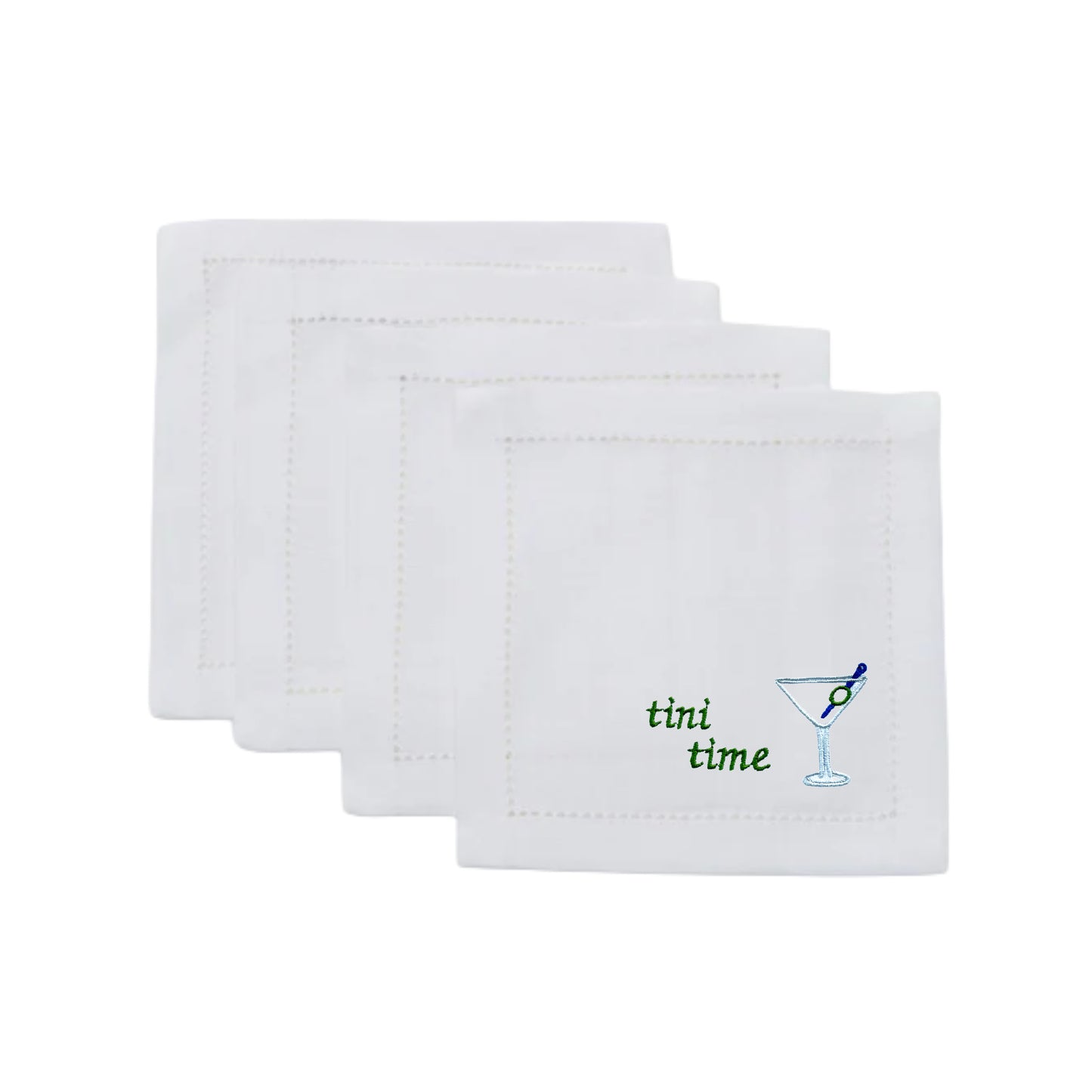 White Linen Embroidered Martini Glass 'tini time' Cocktail Napkins
