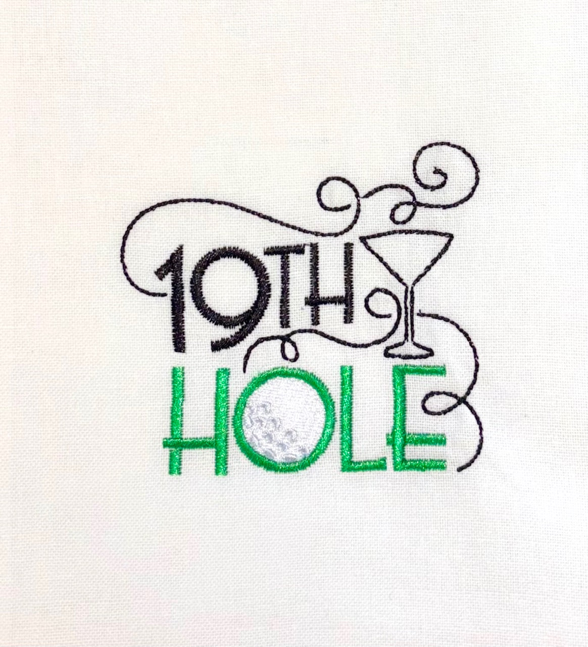 Embroidered Green and Black "19th Hole" Tea Towel, Kitchen Towel, Dish Towel, Golf Towel, Hostess Gift, Present