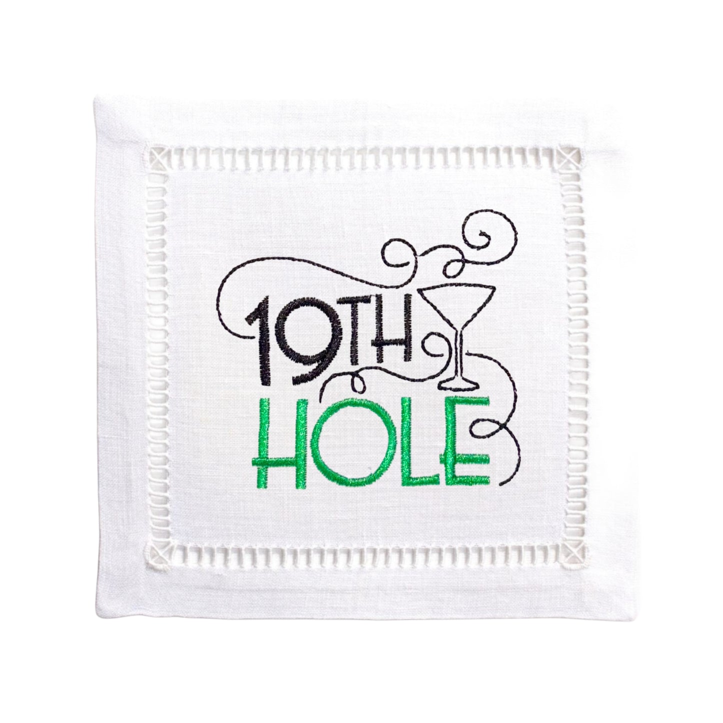 White Linen Embroidered 19th Hole Cocktail Napkins