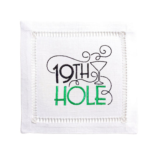 White Linen Embroidered 19th Hole Cocktail Napkins
