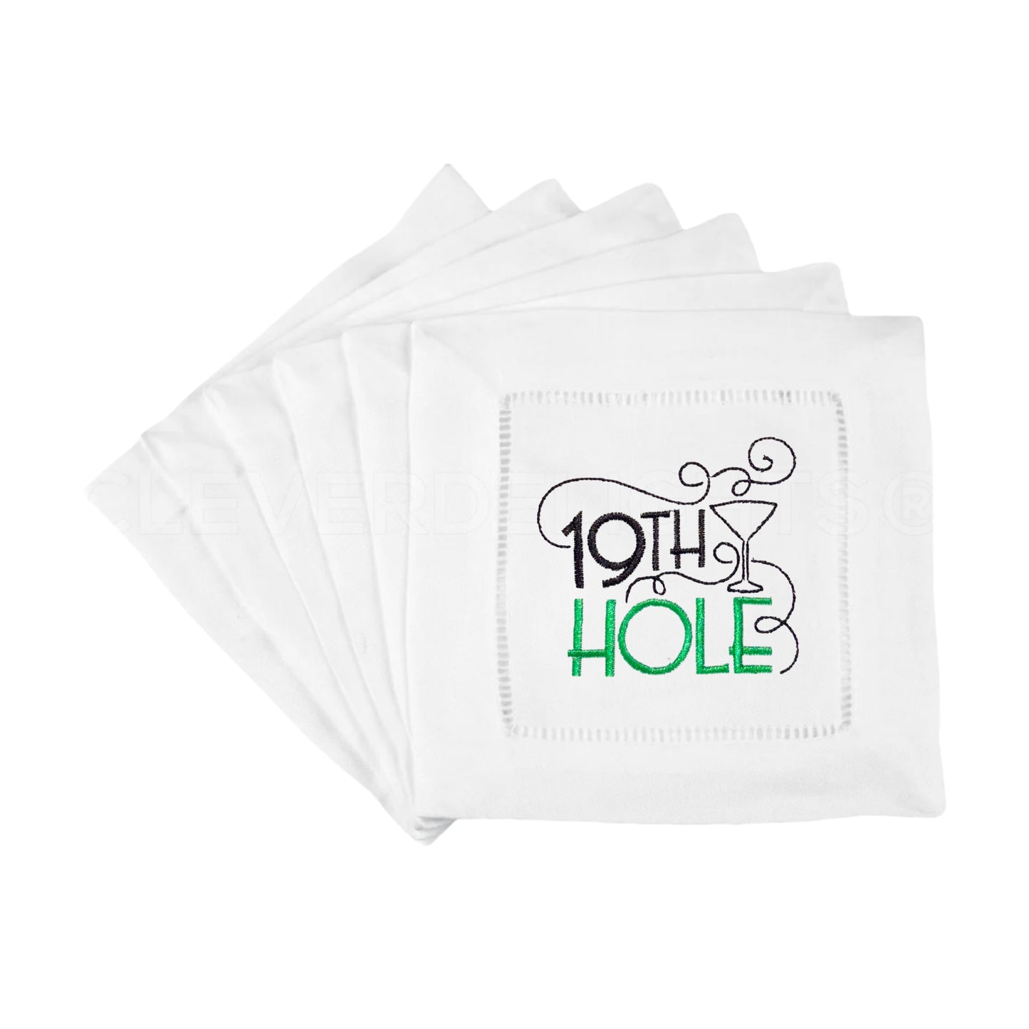 White Linen Embroidered 19th Hole Cocktail Napkins