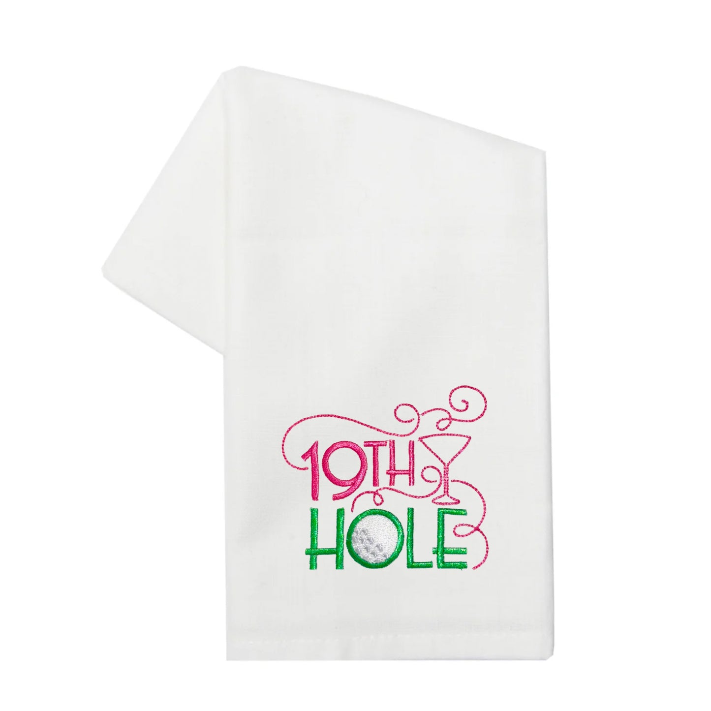 Embroidered Pink and Green "19th Hole" Tea Towel, Kitchen Towel, Dish Towel, Golf Towel, Hostess Gift, Present