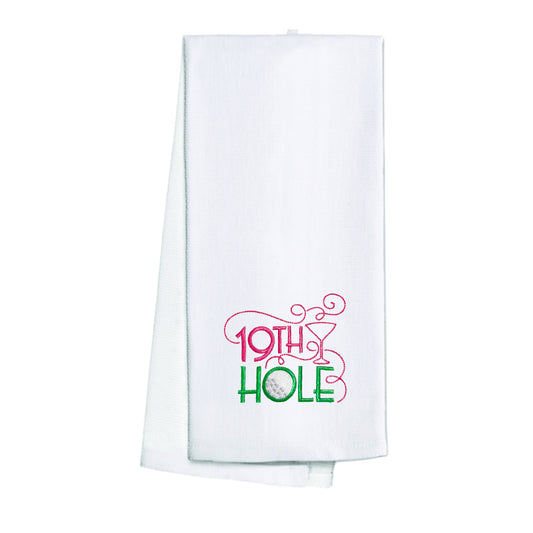 Embroidered Pink and Green "19th Hole" Tea Towel, Kitchen Towel, Dish Towel, Golf Towel, Hostess Gift, Present