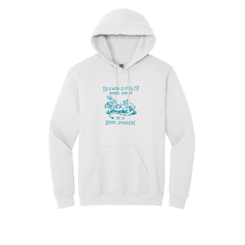 Women's Hooded Sweatshirt with Blue Be a Book Dragon