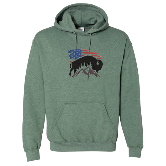 Men's Hooded Sweatshirt USA Flag and American Bison