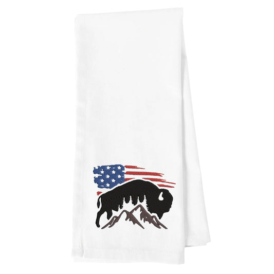 Embroidered Bison US Flag White Kitchen Towel Tea Towel