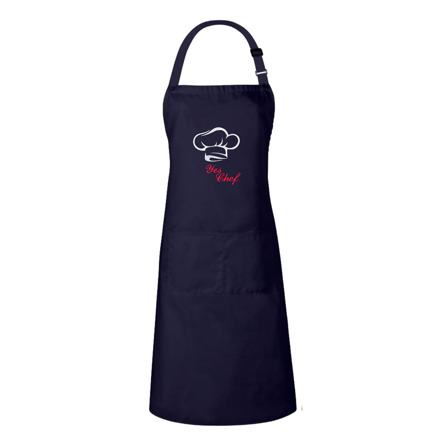 Embroidered White "Yes Chef" Apron with Adjustable Neck Strap and Front Pockets