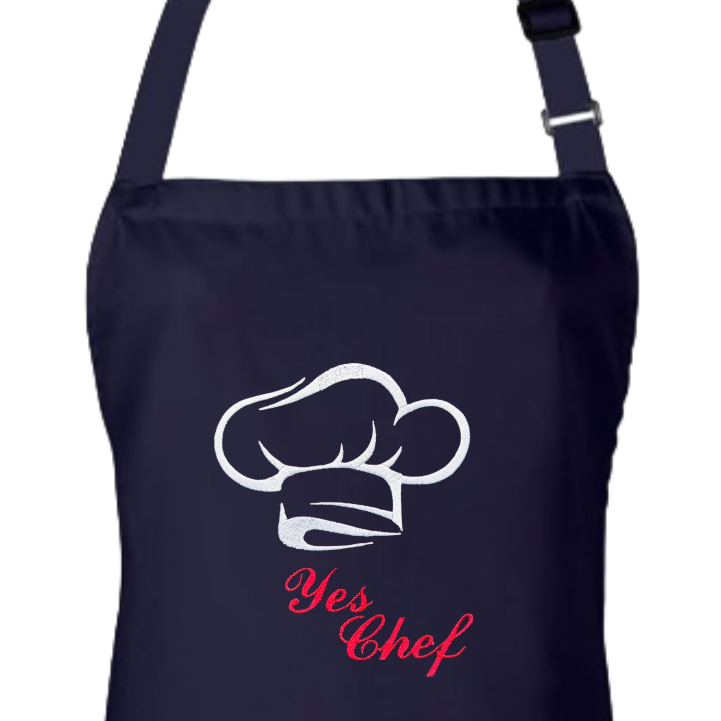 Embroidered White "Yes Chef" Apron with Adjustable Neck Strap and Front Pockets