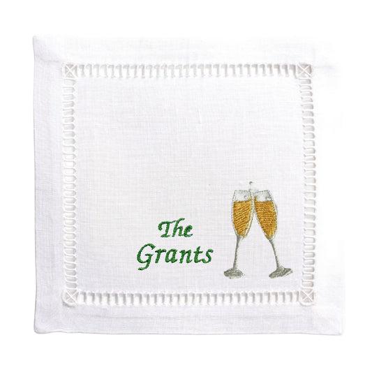 Customized White Linen Embroidered Champagne Cheers Napkins
