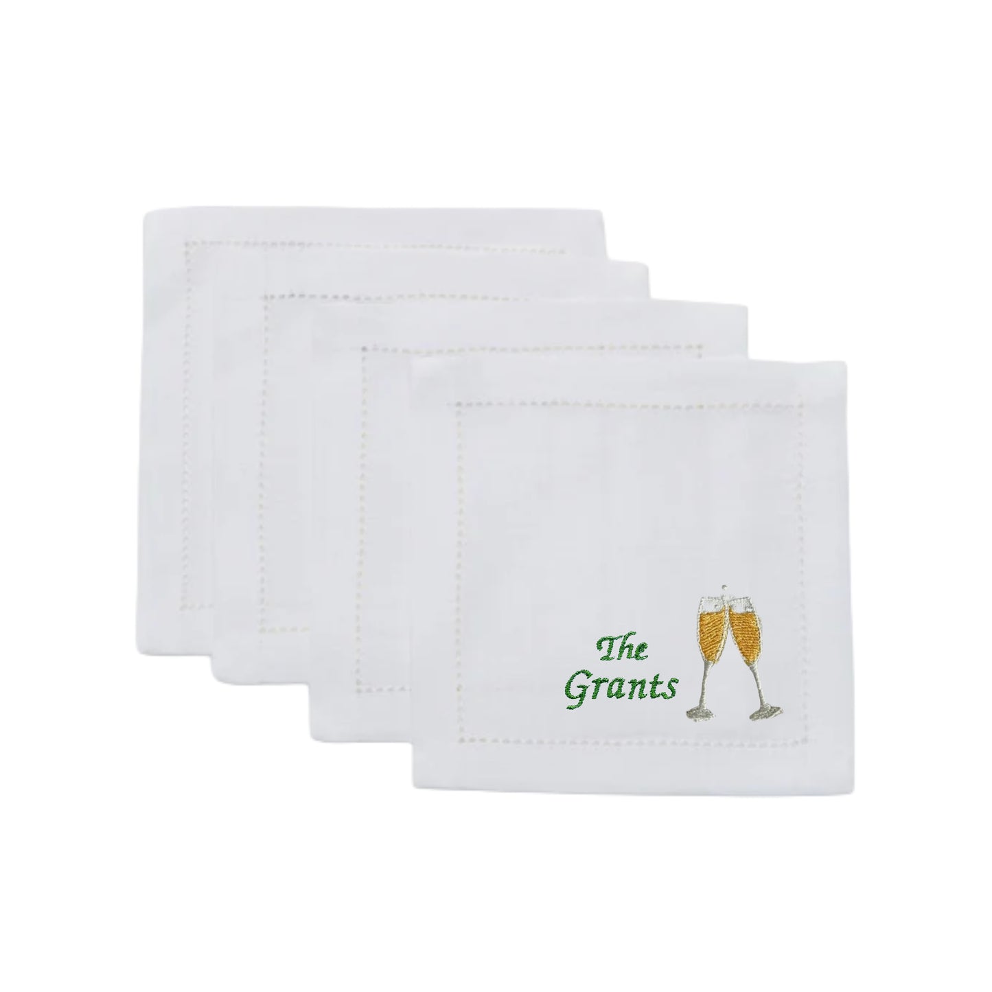 Customized White Linen Embroidered Champagne Cheers Napkins