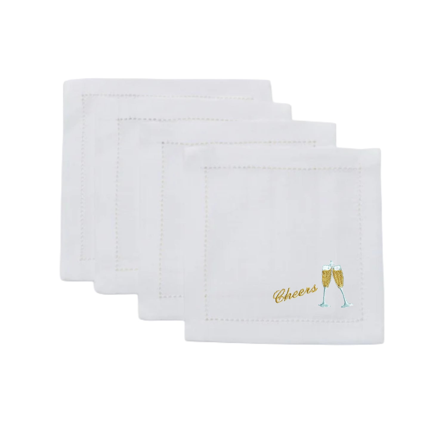 White Linen Embroidered Champagne Cheers Napkins