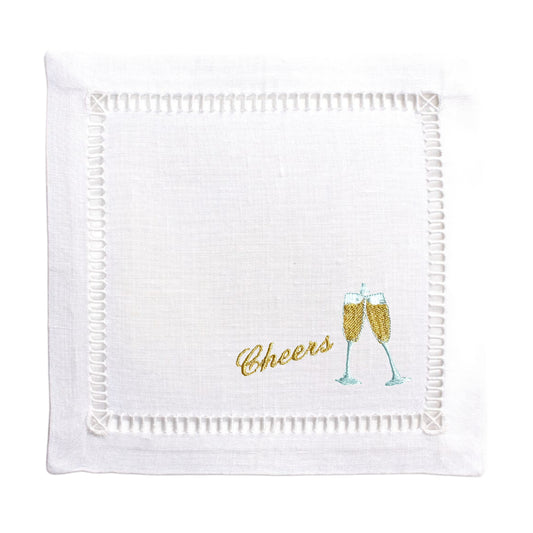 White Linen Embroidered Champagne Cheers Napkins