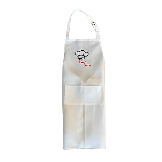 Customized Embroidered White Chef Hat Apron with Adjustable Neck Strap and Front Pockets