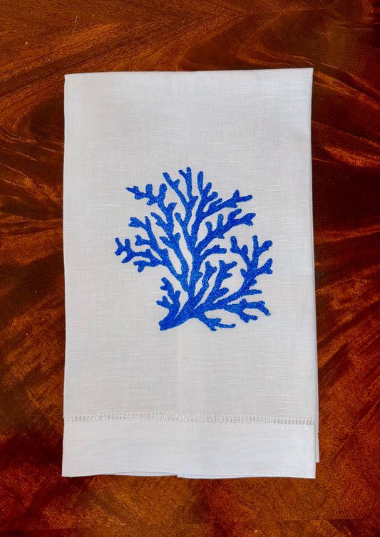 Embroidered Blue Coral White Hem Stitched Linen Tea Towel Hand Towel Gift Hostess Gift
