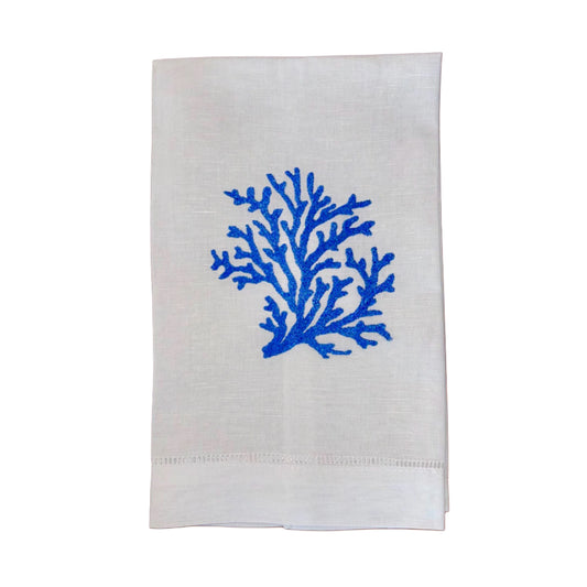 Embroidered Blue Coral White Kitchen Towel Tea Towel