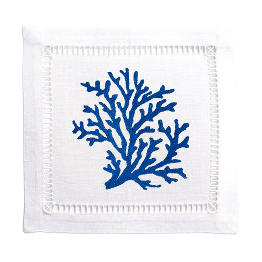 Beautiful Classic Hem Stitched White Linen Blue Coral Embroidered Cocktail Napkins Set of 4, Gift, Hostess Gift