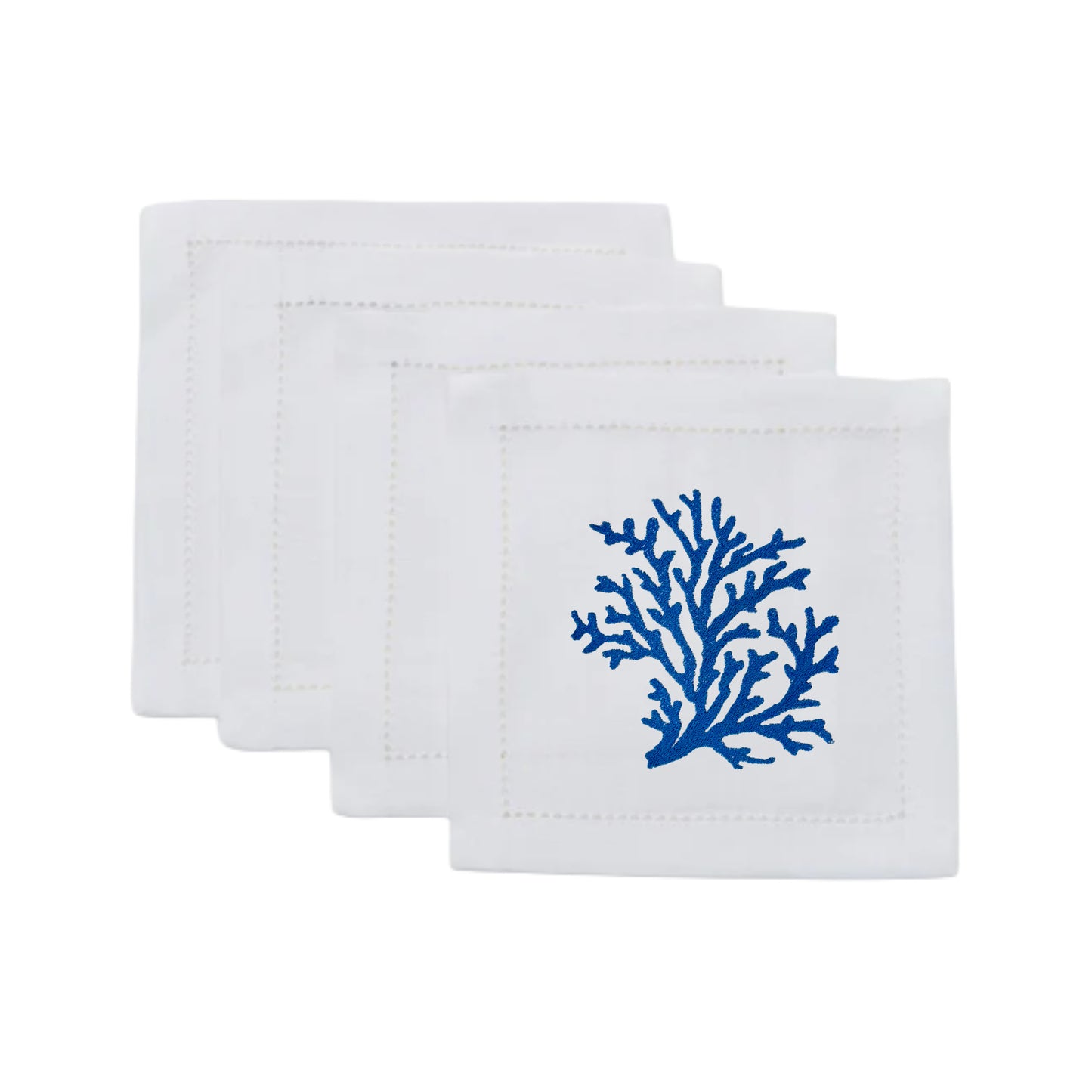 Beautiful Classic Hem Stitched White Linen Blue Coral Embroidered Cocktail Napkins Set of 4, Gift, Hostess Gift