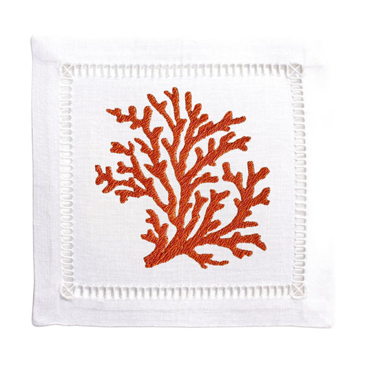 Beautiful Classic Hem Stitched White Linen Coral Embroidered Cocktail Napkins Set of 4, Gift, Hostess Gift
