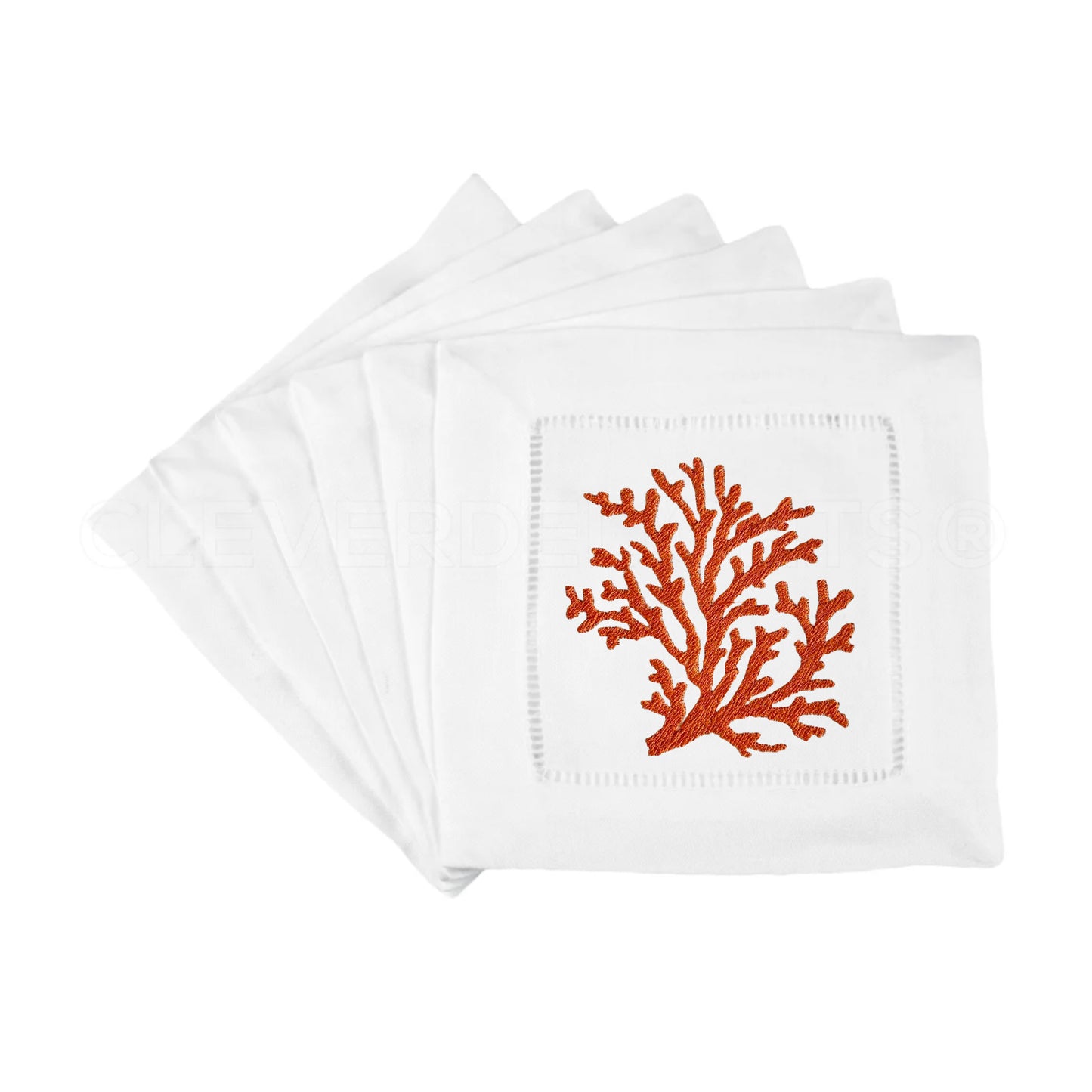 Beautiful Classic Hem Stitched White Linen Coral Embroidered Cocktail Napkins Set of 4, Gift, Hostess Gift