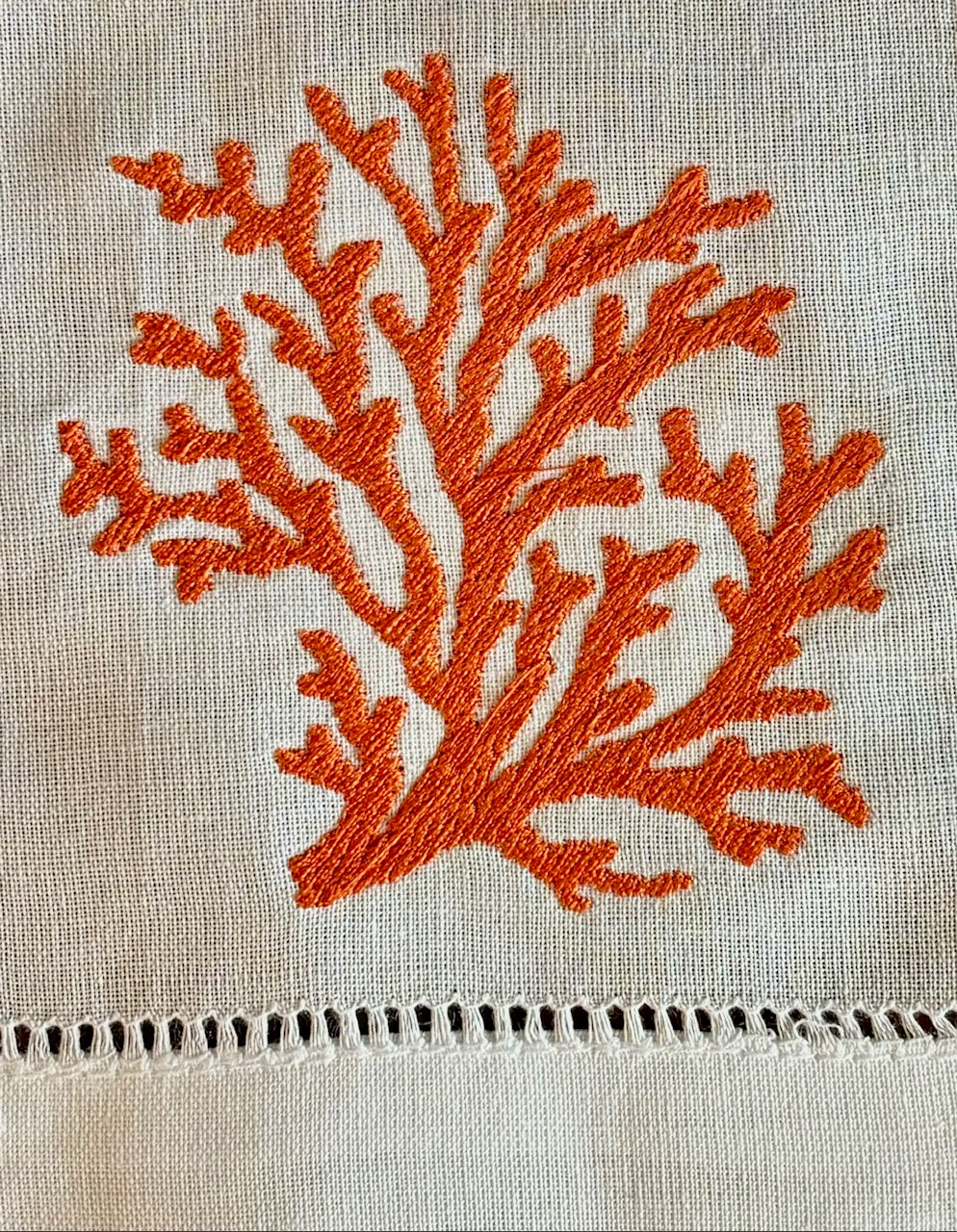 Embroidered Blue Coral White Hem Stitched Linen Tea Towel Hand Towel Gift Hostess Gift