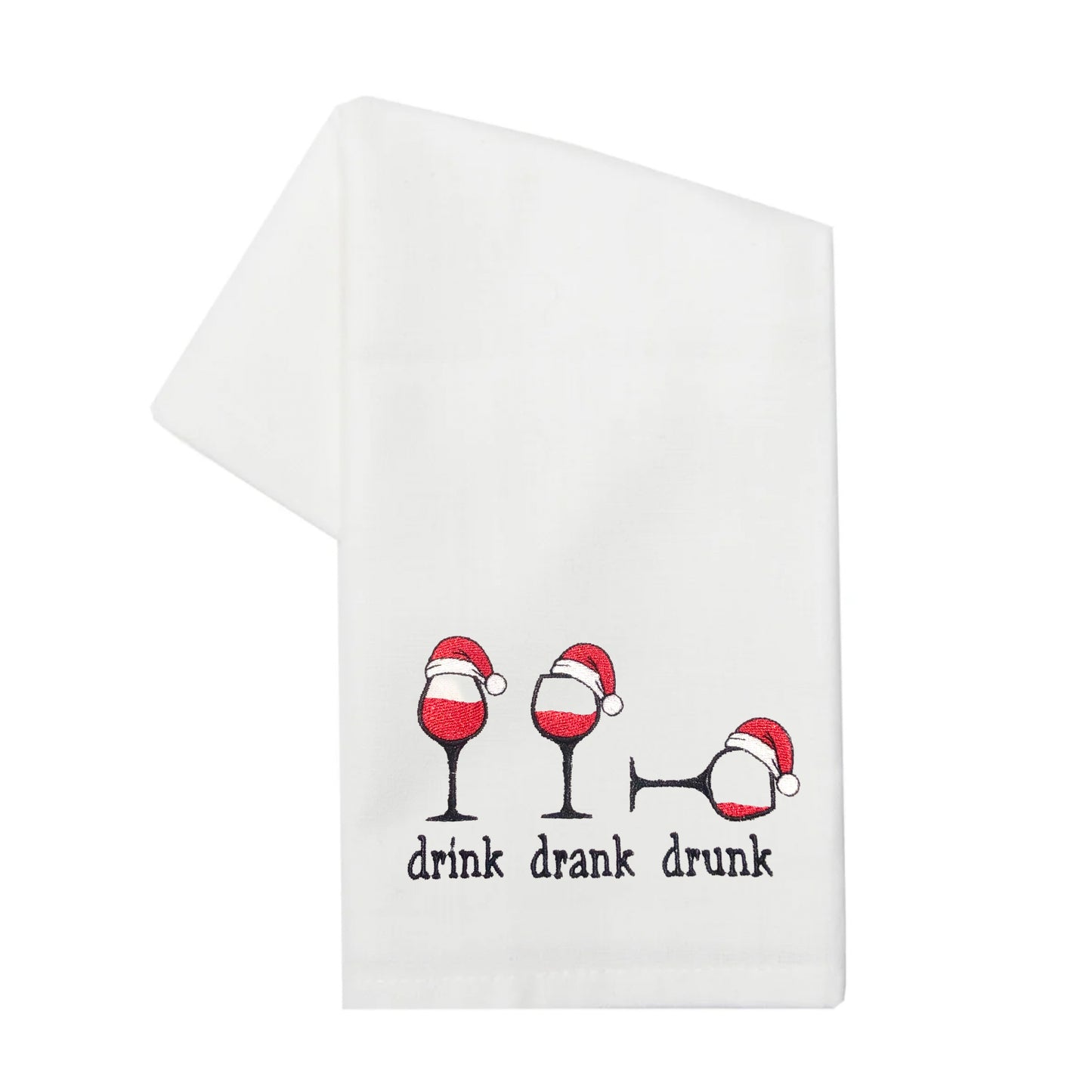 Embroidered Drink Drank Drunk Wineglasses with Santa Hat on White Kitchen Towel Tea Towel