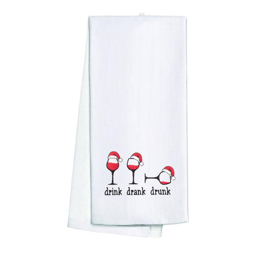 Embroidered Drink Drank Drunk Wineglasses with Santa Hat on White Kitchen Towel Tea Towel