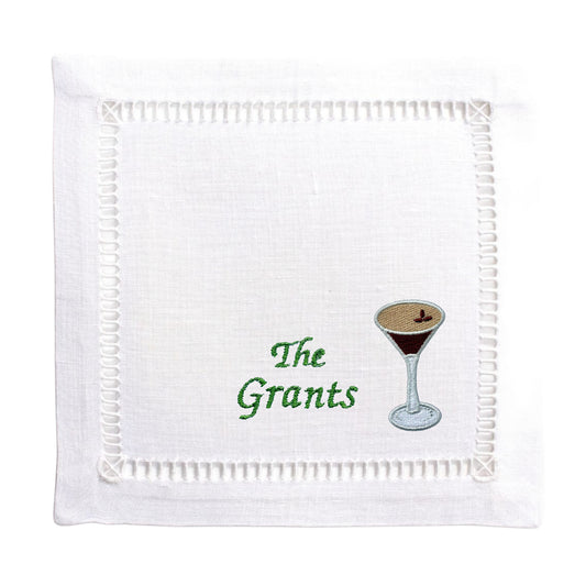 Customized White Linen Embroidered Espresso Martini Napkins