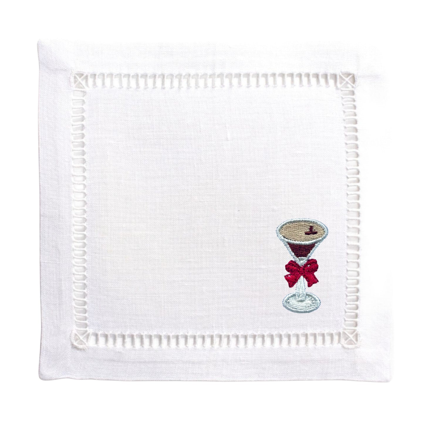 White Linen Embroidered Espresso Martini Glass with Bow Cocktail Napkins