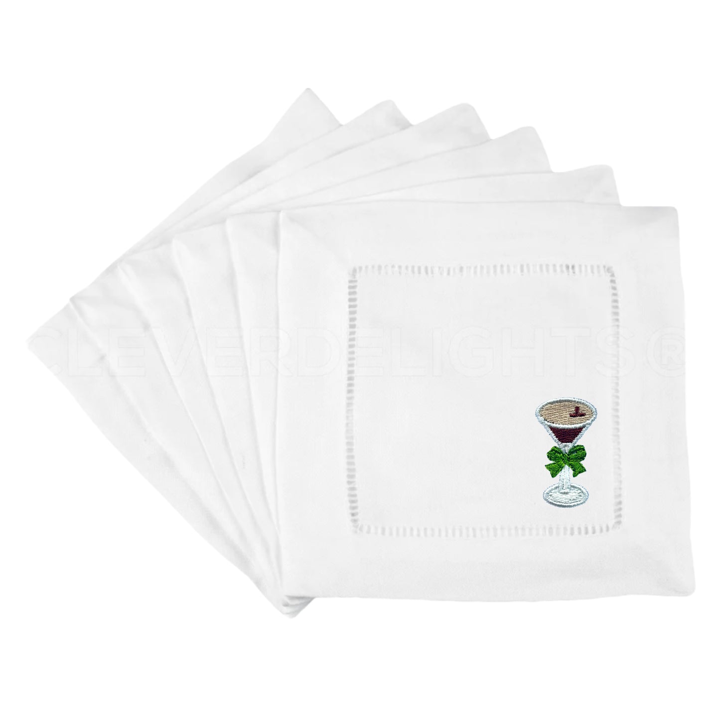 White Linen Embroidered Espresso Martini Glass with Bow Cocktail Napkins