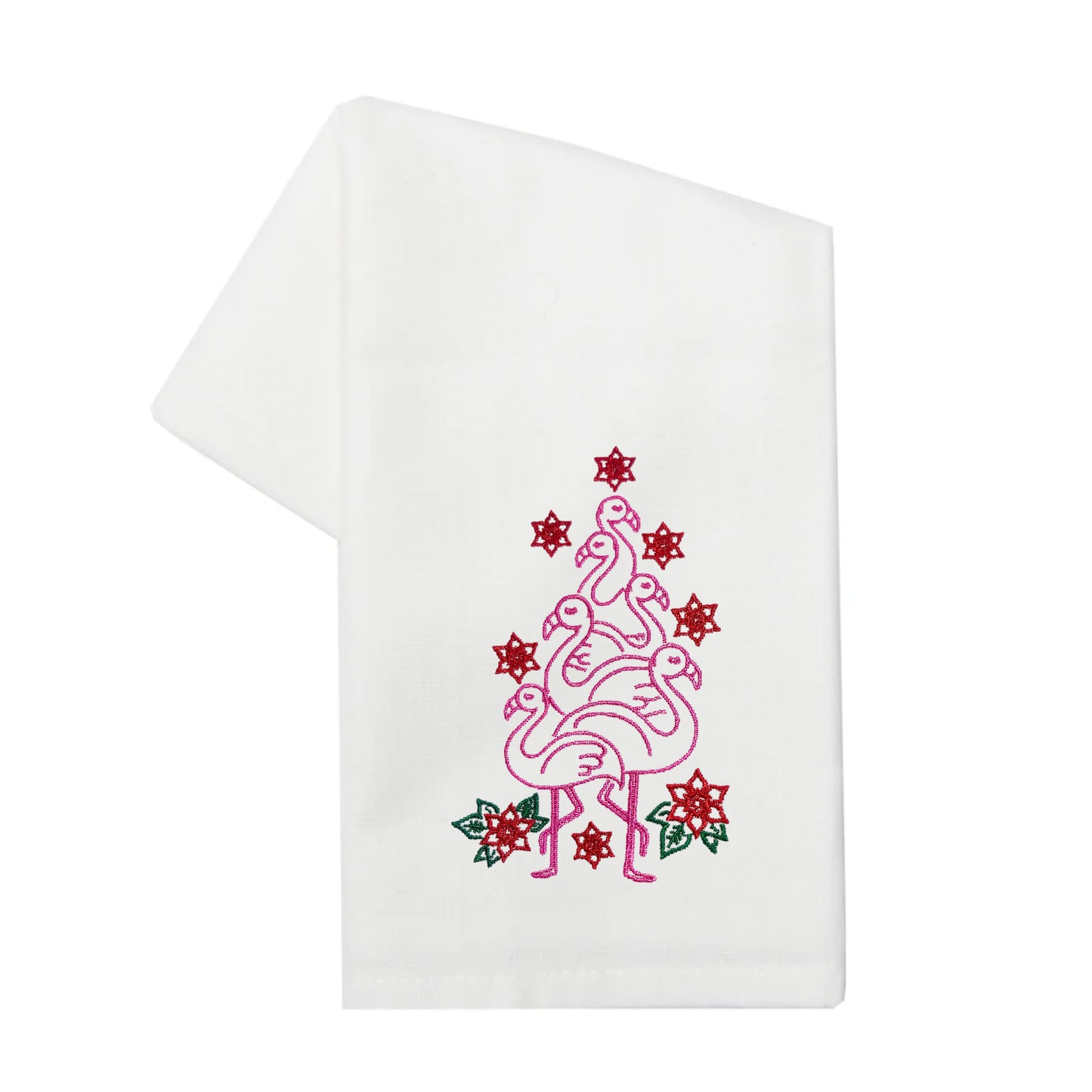 Embroidered Holiday Flamingo & Poinsettia Tree White Kitchen Towel Tea Towel
