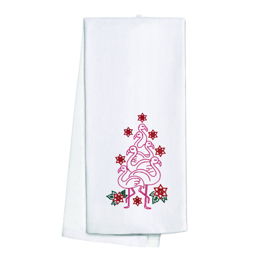 Embroidered Holiday Flamingo & Poinsettia Tree White Kitchen Towel Tea Towel