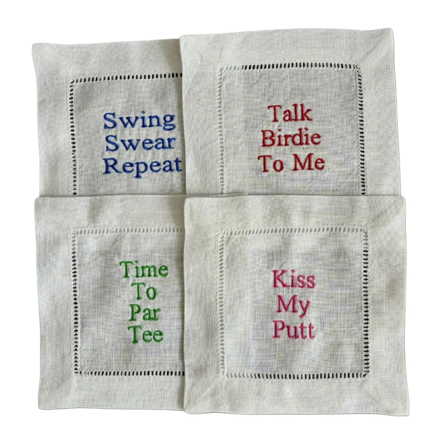 White Linen Embroidered Golf Themed Cocktail Napkins