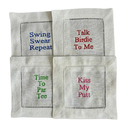 White Linen Embroidered Golf Themed Cocktail Napkins