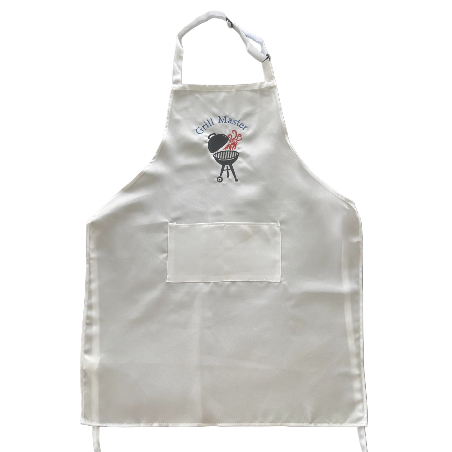 Embroidered White "Grill Master" Apron with Adjustable Neck Strap and Front Pockets